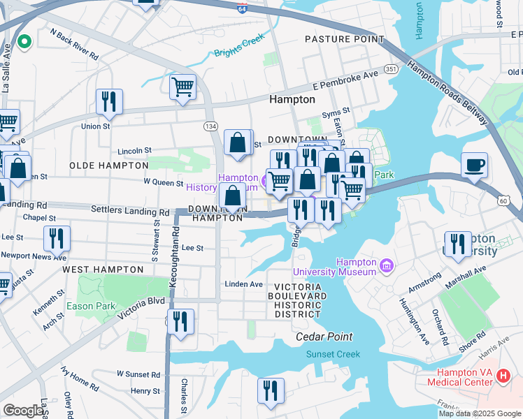map of restaurants, bars, coffee shops, grocery stores, and more near 553 Settlers Landing Road in Hampton