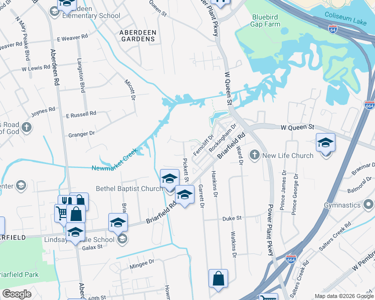 map of restaurants, bars, coffee shops, grocery stores, and more near 42 Ferncliff Drive in Hampton