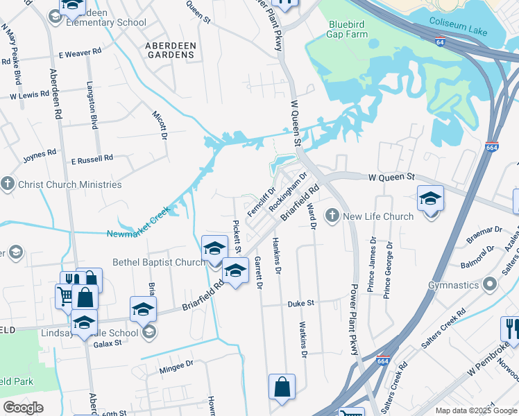map of restaurants, bars, coffee shops, grocery stores, and more near 39 Ferncliff Drive in Hampton