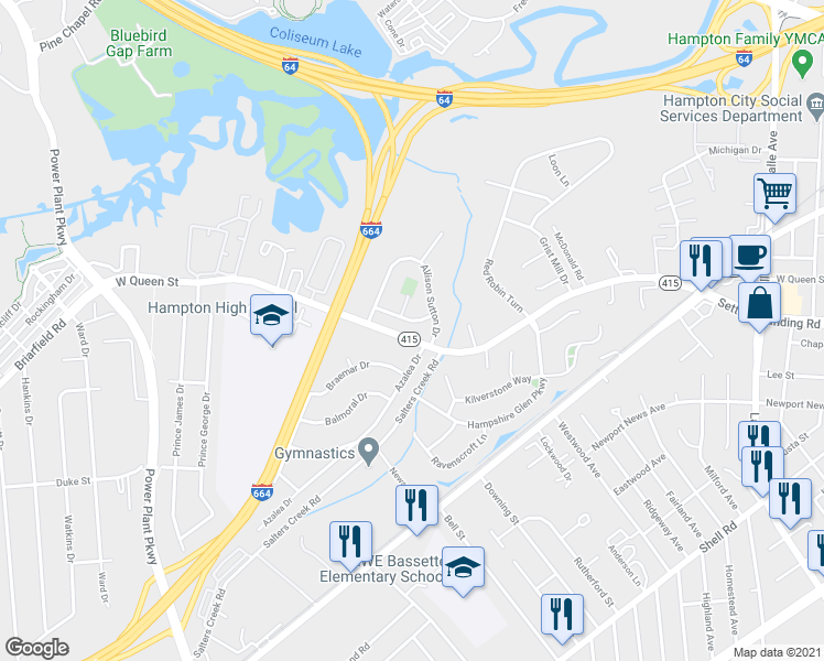 map of restaurants, bars, coffee shops, grocery stores, and more near 14 Harlequin Dr in Hampton