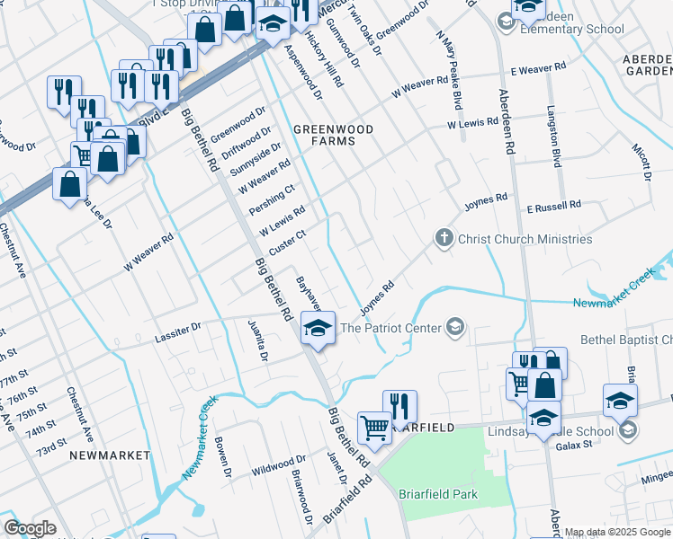 map of restaurants, bars, coffee shops, grocery stores, and more near 3303 Loring Court in Hampton