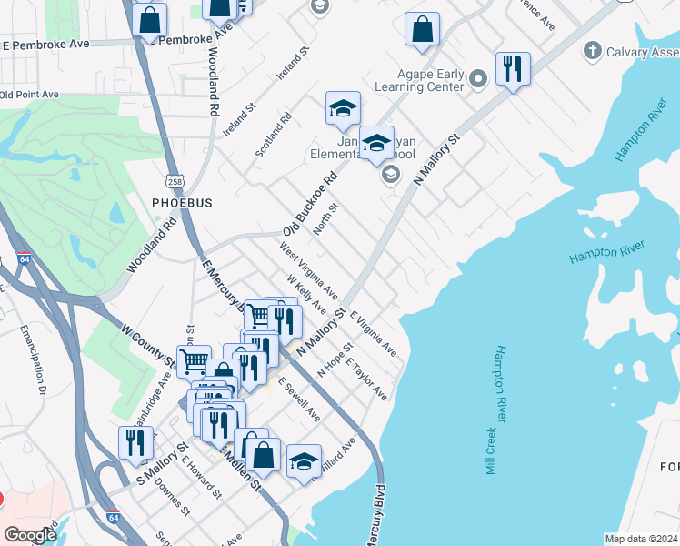 map of restaurants, bars, coffee shops, grocery stores, and more near 17 West Chamberlin Avenue in Hampton