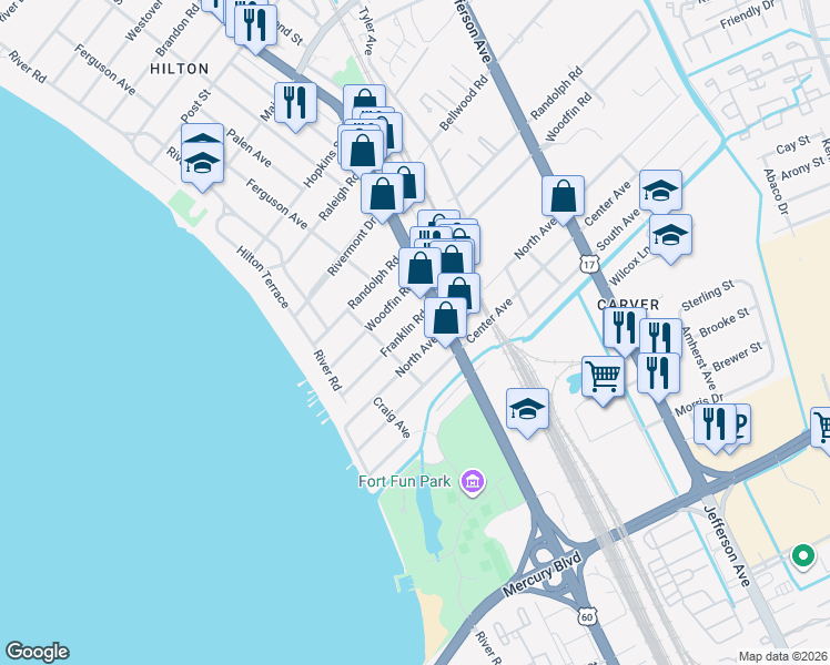 map of restaurants, bars, coffee shops, grocery stores, and more near 47 Franklin Road in Newport News