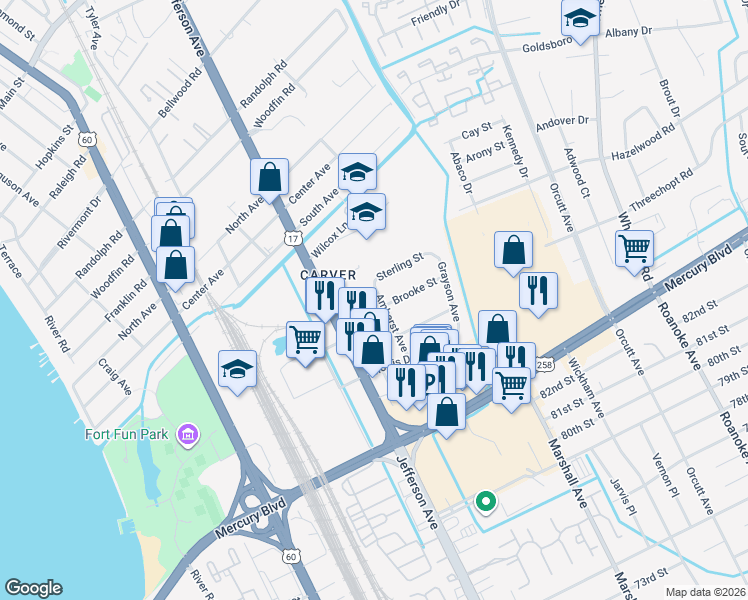 map of restaurants, bars, coffee shops, grocery stores, and more near 6121 Amherst Avenue in Newport News