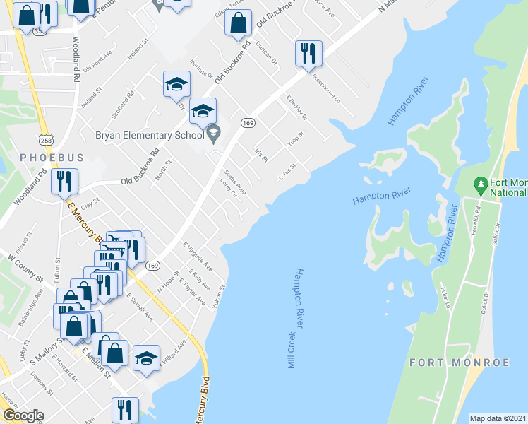map of restaurants, bars, coffee shops, grocery stores, and more near 121 Scotts Point in Hampton