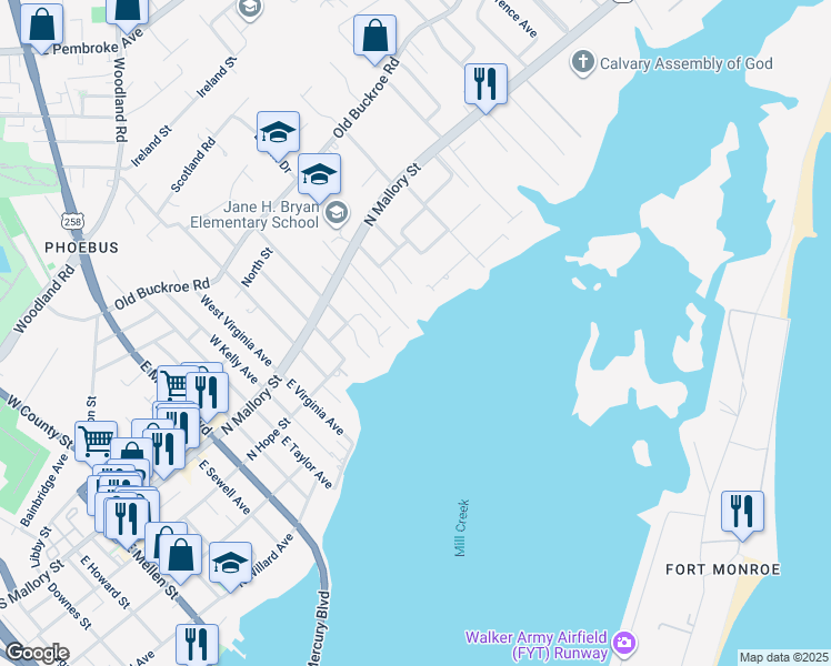 map of restaurants, bars, coffee shops, grocery stores, and more near 121 Scotts Point in Hampton