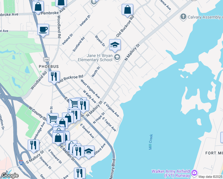 map of restaurants, bars, coffee shops, grocery stores, and more near 5A East Hygeia Avenue in Hampton
