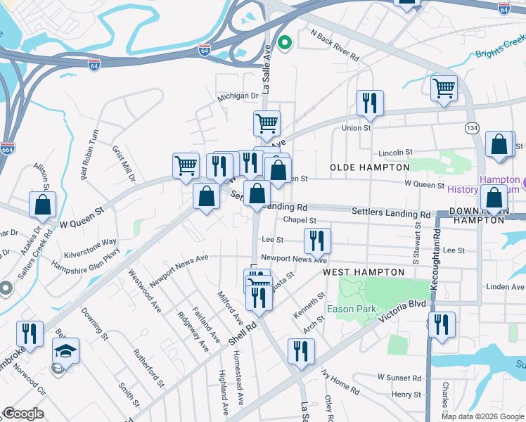 map of restaurants, bars, coffee shops, grocery stores, and more near 817 LaSalle Avenue in Hampton