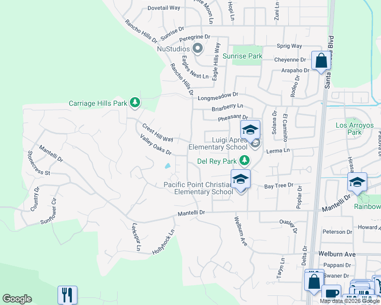 map of restaurants, bars, coffee shops, grocery stores, and more near 9130 Rancho Hills Drive in Gilroy
