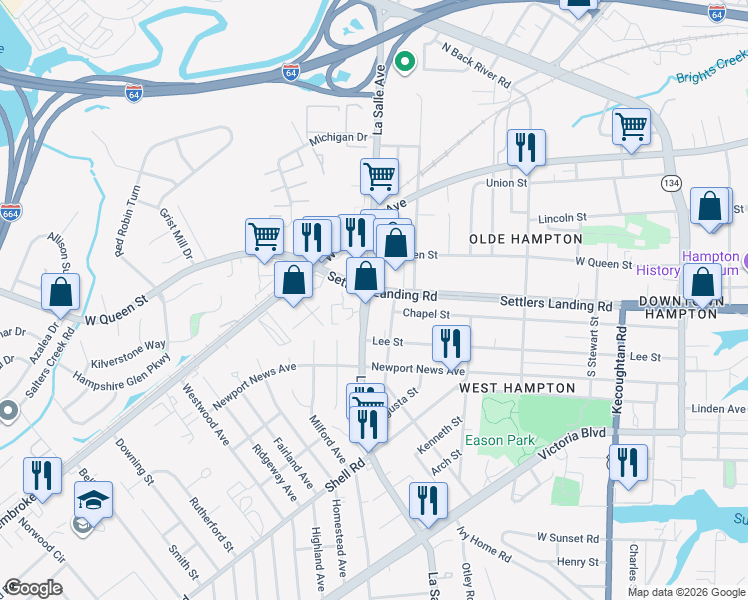 map of restaurants, bars, coffee shops, grocery stores, and more near 817 LaSalle Avenue in Hampton