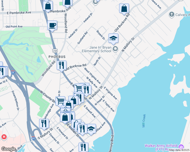 map of restaurants, bars, coffee shops, grocery stores, and more near 36 West Virginia Avenue in Hampton