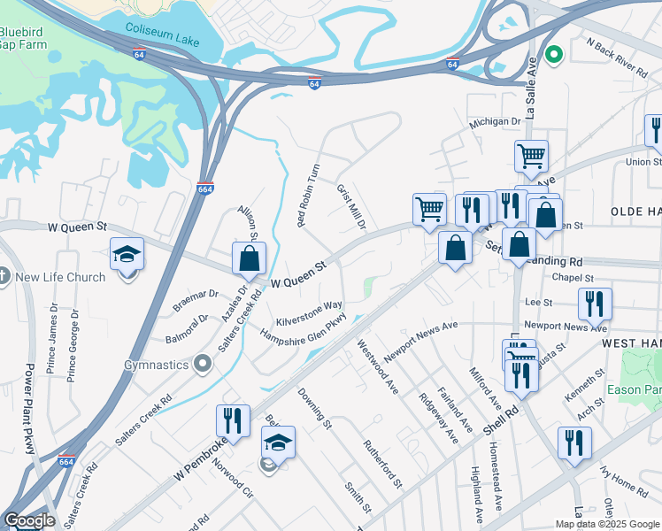 map of restaurants, bars, coffee shops, grocery stores, and more near 62 Hampshire Glen Parkway in Hampton