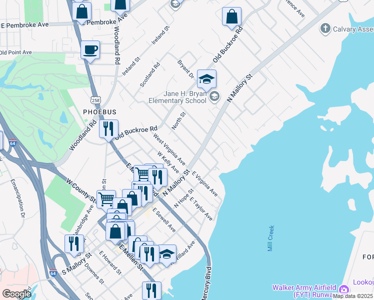 map of restaurants, bars, coffee shops, grocery stores, and more near 11 West Chamberlin Avenue in Hampton