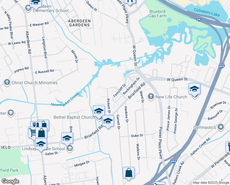 map of restaurants, bars, coffee shops, grocery stores, and more near 42 Ferncliff Drive in Hampton