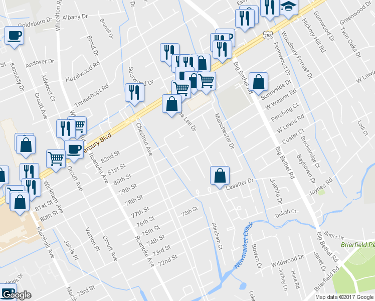map of restaurants, bars, coffee shops, grocery stores, and more near 1310 Wolftrap Court in Newport News