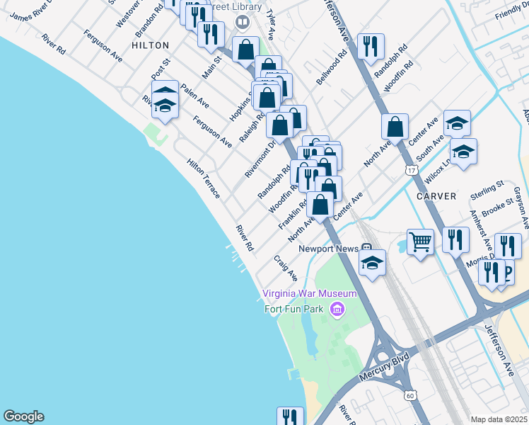 map of restaurants, bars, coffee shops, grocery stores, and more near 39 Woodfin Road in Newport News