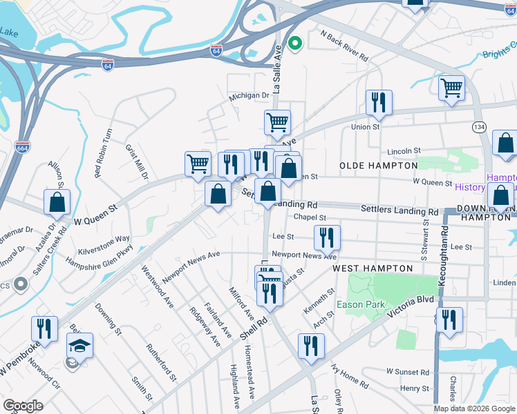 map of restaurants, bars, coffee shops, grocery stores, and more near 817 LaSalle Avenue in Hampton