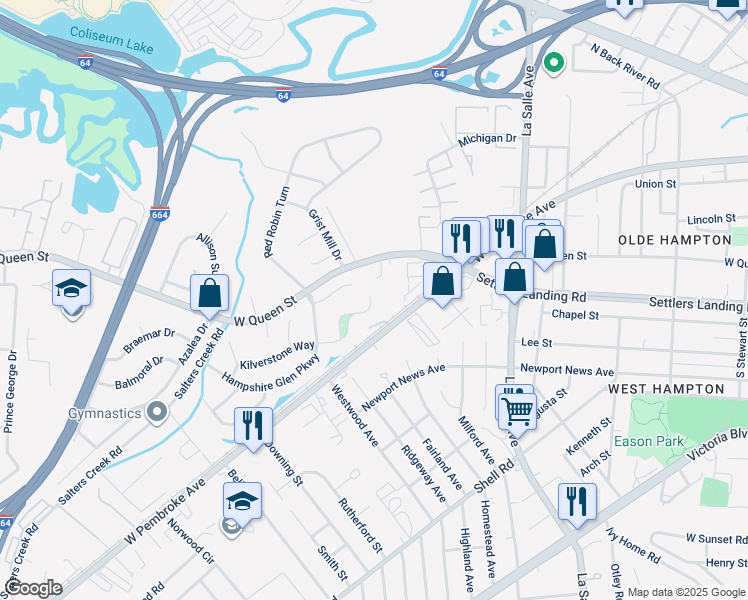 map of restaurants, bars, coffee shops, grocery stores, and more near 57 Kilverstone Way in Hampton