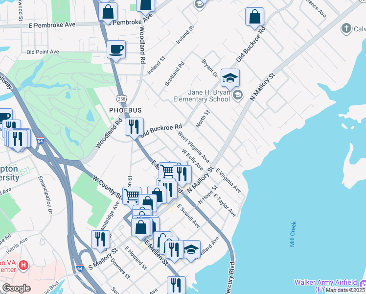 map of restaurants, bars, coffee shops, grocery stores, and more near 114 West Kelly Avenue in Hampton