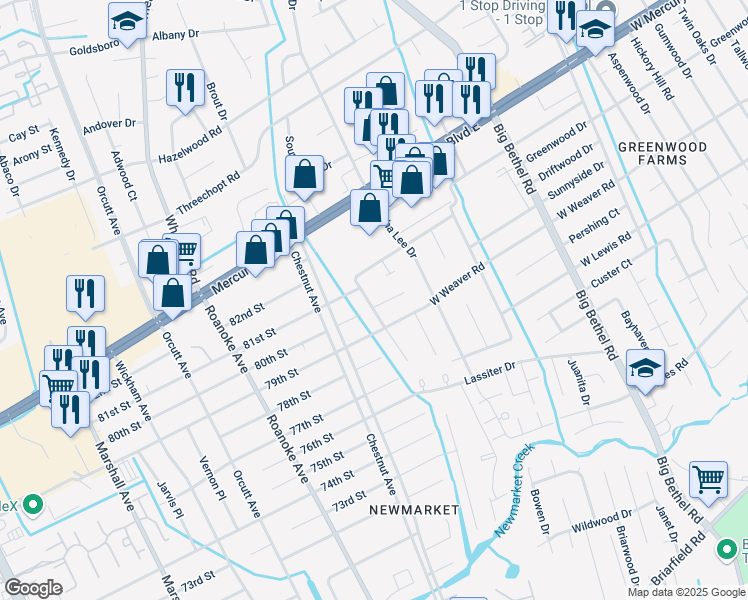 map of restaurants, bars, coffee shops, grocery stores, and more near 7911 Merrimac Lane in Newport News