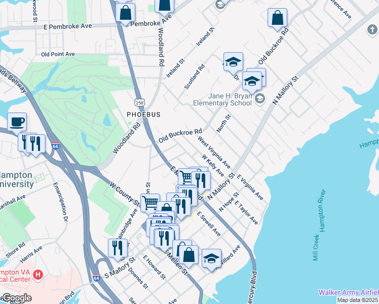 map of restaurants, bars, coffee shops, grocery stores, and more near 206 West Taylor Avenue in Hampton