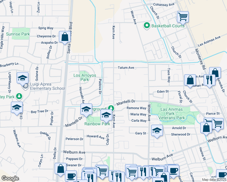 map of restaurants, bars, coffee shops, grocery stores, and more near 9060 Kern Avenue in Gilroy