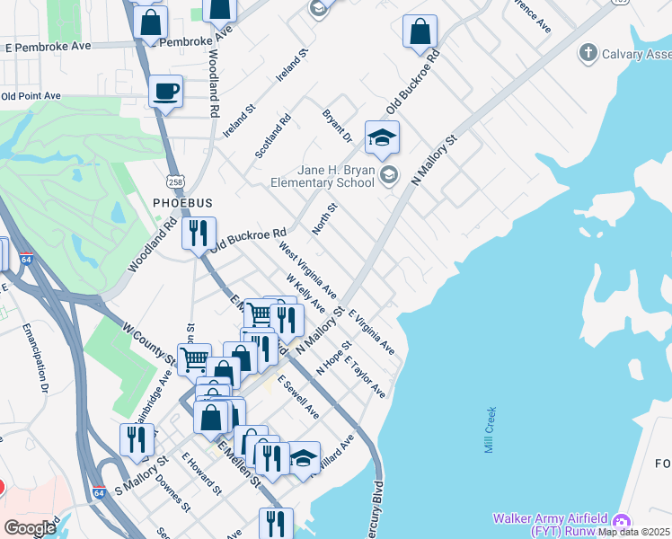 map of restaurants, bars, coffee shops, grocery stores, and more near 11 West Chamberlin Avenue in Hampton