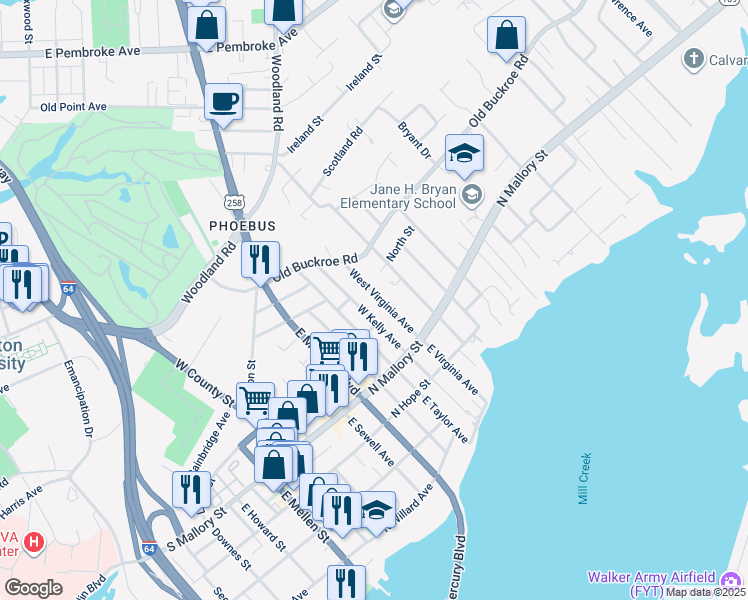 map of restaurants, bars, coffee shops, grocery stores, and more near 36 West Virginia Avenue in Hampton
