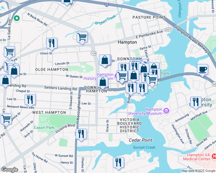 map of restaurants, bars, coffee shops, grocery stores, and more near 320 Old Hampton Lane in Hampton