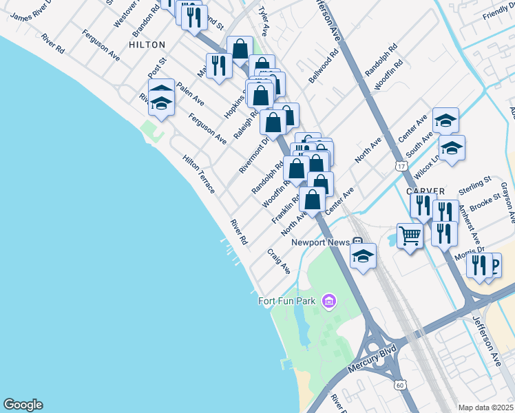 map of restaurants, bars, coffee shops, grocery stores, and more near 39 Woodfin Road in Newport News