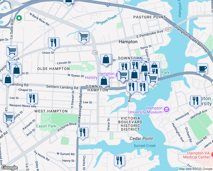map of restaurants, bars, coffee shops, grocery stores, and more near 320 Old Hampton Lane in Hampton