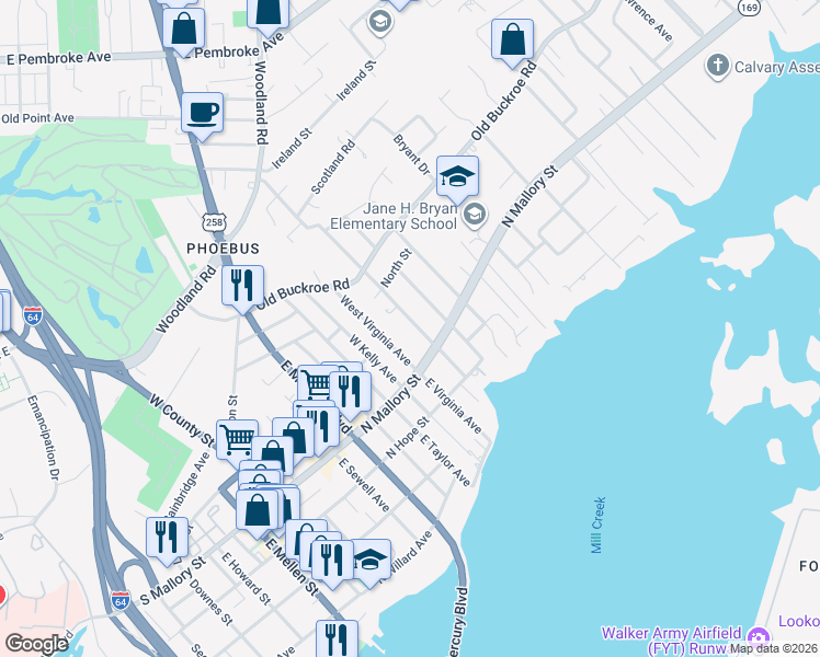 map of restaurants, bars, coffee shops, grocery stores, and more near 11 West Chamberlin Avenue in Hampton