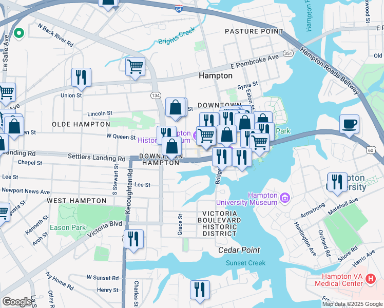 map of restaurants, bars, coffee shops, grocery stores, and more near 553 Settlers Landing Road in Hampton