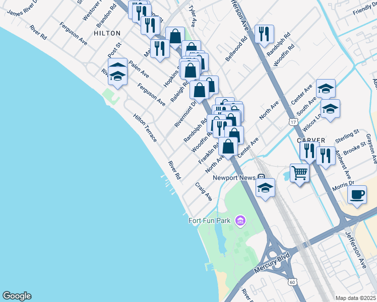 map of restaurants, bars, coffee shops, grocery stores, and more near 39 Woodfin Road in Newport News
