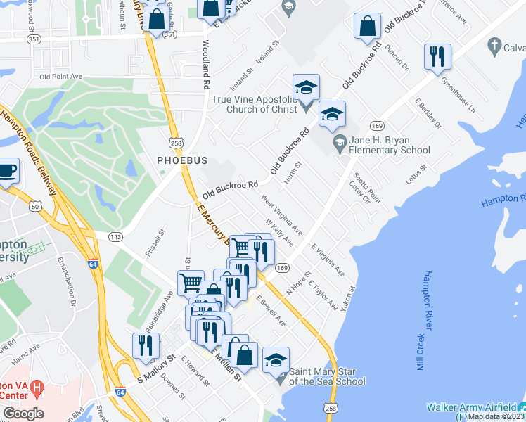 map of restaurants, bars, coffee shops, grocery stores, and more near 116 West Kelly Avenue in Hampton