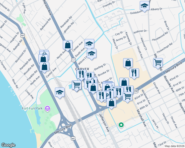 map of restaurants, bars, coffee shops, grocery stores, and more near 6121 Amherst Avenue in Newport News