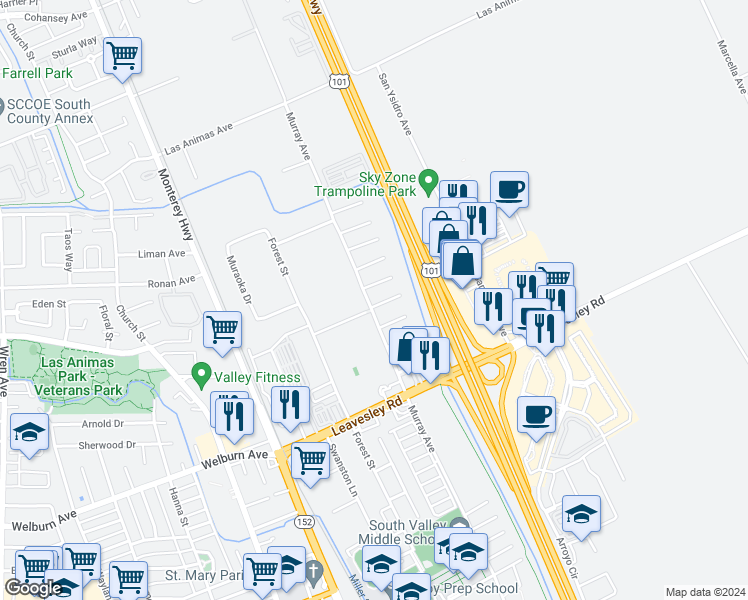 map of restaurants, bars, coffee shops, grocery stores, and more near 405 Burke Drive in Gilroy