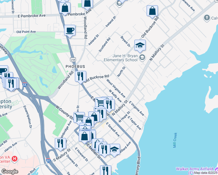 map of restaurants, bars, coffee shops, grocery stores, and more near 116 West Kelly Avenue in Hampton