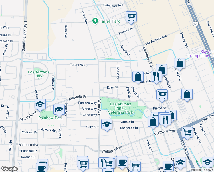 map of restaurants, bars, coffee shops, grocery stores, and more near 611 Eden St in Gilroy