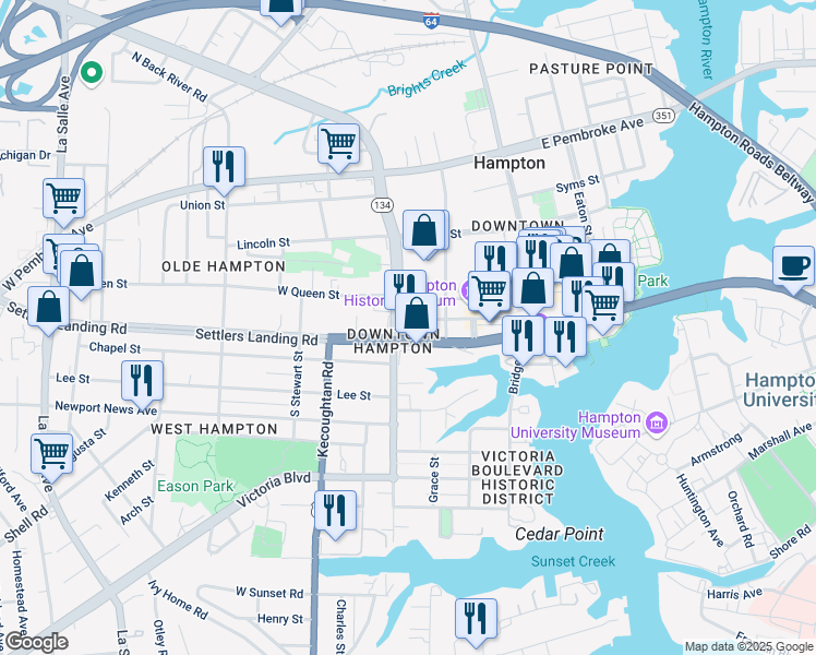 map of restaurants, bars, coffee shops, grocery stores, and more near 37 South Armistead Avenue in Hampton