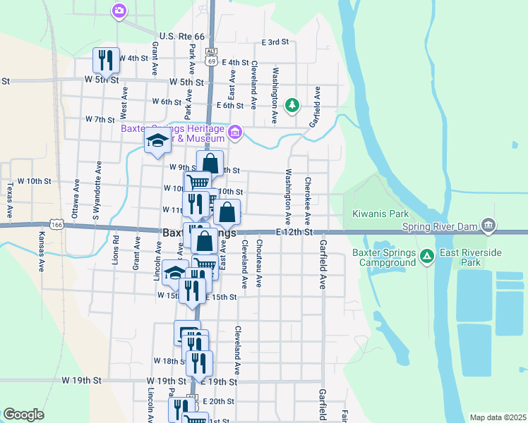 map of restaurants, bars, coffee shops, grocery stores, and more near 328 East 11th Street in Baxter Springs