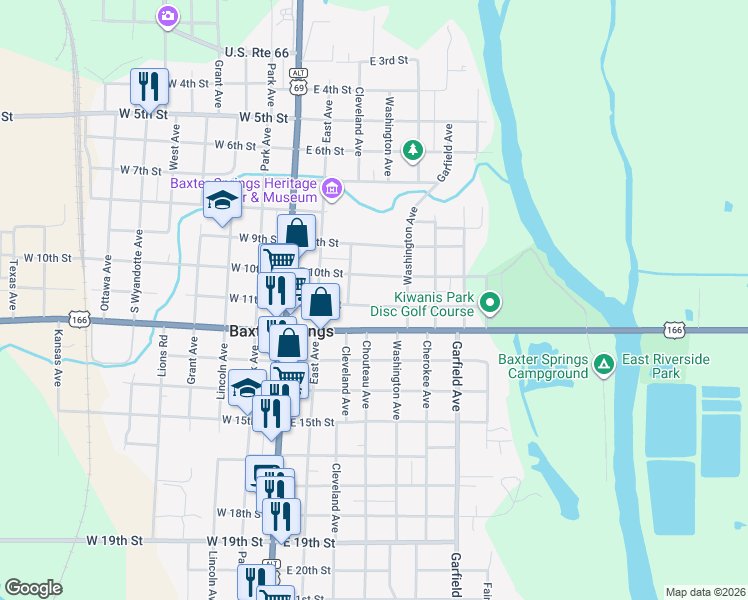 map of restaurants, bars, coffee shops, grocery stores, and more near 328 East 11th Street in Baxter Springs