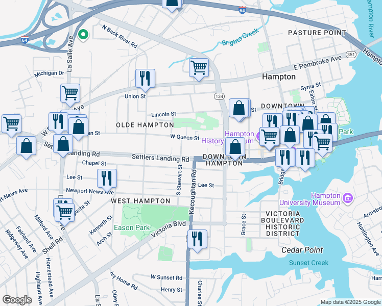 map of restaurants, bars, coffee shops, grocery stores, and more near 315 Settlers Landing Road in Hampton