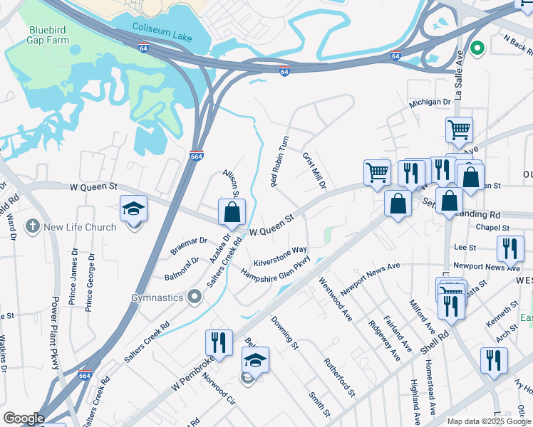 map of restaurants, bars, coffee shops, grocery stores, and more near 6 Adrian Circle in Hampton