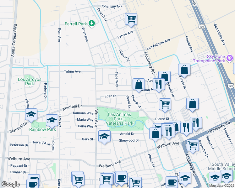 map of restaurants, bars, coffee shops, grocery stores, and more near 471 Eden Street in Gilroy