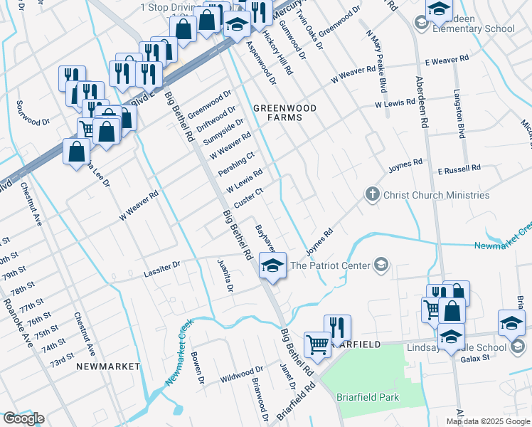 map of restaurants, bars, coffee shops, grocery stores, and more near 210 Breckinridge Court in Hampton