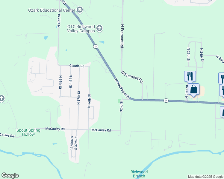 map of restaurants, bars, coffee shops, grocery stores, and more near 3202 West Jackson Road in Nixa