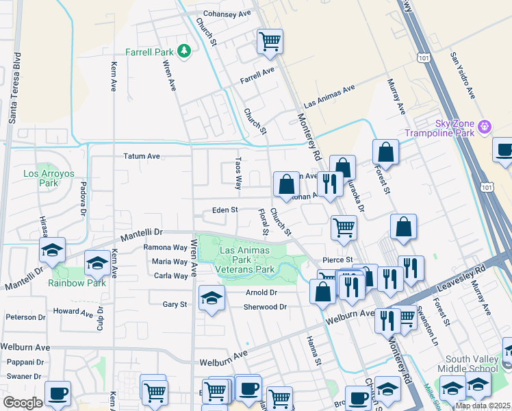map of restaurants, bars, coffee shops, grocery stores, and more near 8783 Floral Street in Gilroy
