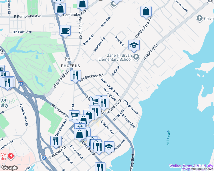 map of restaurants, bars, coffee shops, grocery stores, and more near 61 West Virginia Avenue in Hampton