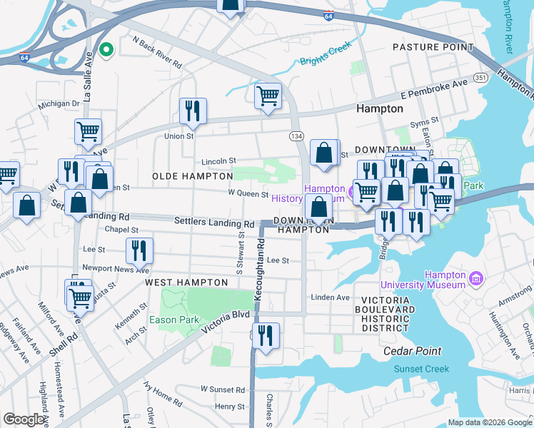 map of restaurants, bars, coffee shops, grocery stores, and more near 327 Settlers Landing Road in Hampton